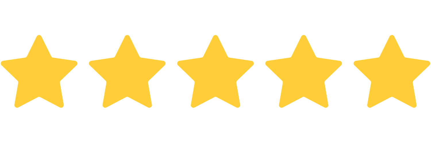 A row of five yellow stars, evenly spaced in a horizontal line, representing a five-star rating. The background is transparent.